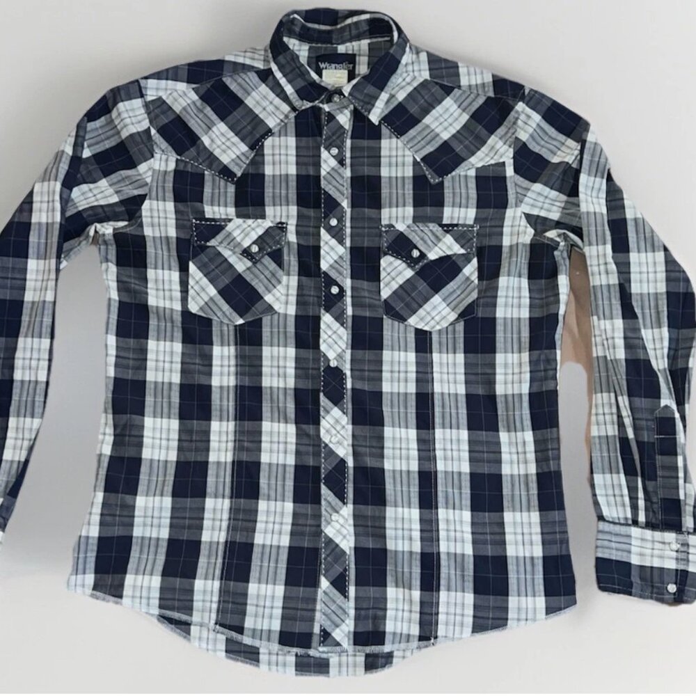 VTG Wrangler Flannel Shirt Mens Large Blue Plaid L Pearl Snap Western Grunge Y2K